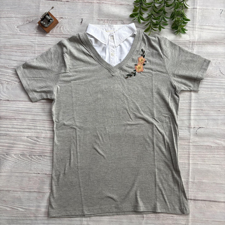 تیشرت یقه نساجی گلدوزی زنانه جنس نخ پنبه فری سایز 36 تا 42 طوسی