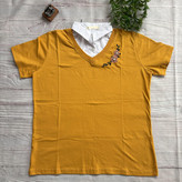 تیشرت یقه نساجی گلدوزی زنانه جنس نخ پنبه فری سایز 36 تا 42 خردلی