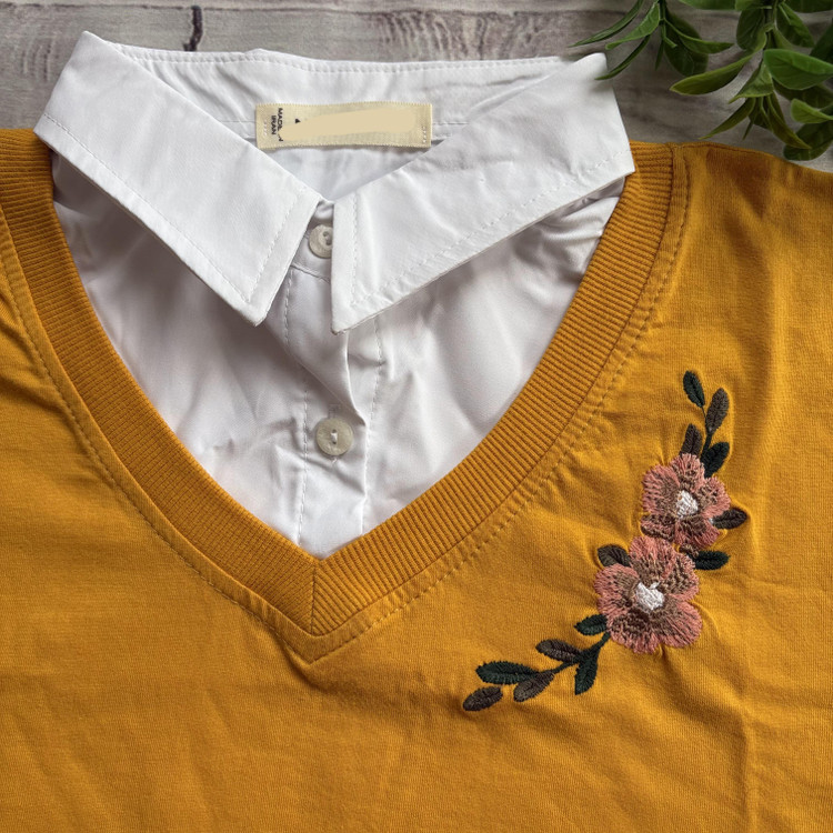 تیشرت یقه نساجی گلدوزی زنانه جنس نخ پنبه فری سایز 36 تا 42 خردلی