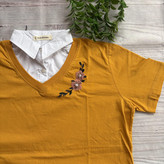 تیشرت یقه نساجی گلدوزی زنانه جنس نخ پنبه فری سایز 36 تا 42 خردلی