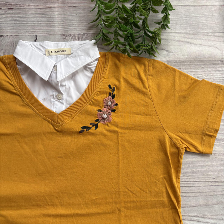 تیشرت یقه نساجی گلدوزی زنانه جنس نخ پنبه فری سایز 36 تا 42 خردلی