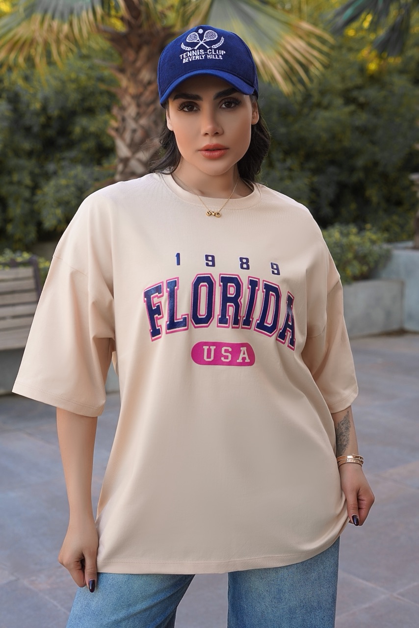 تیشرت زنانه لش باکسی FLORIDA چاپ پفکی فری سایز، جنس پنبه سوپر درجه یک – مناسب سایز ۴۲ تا ۵۶