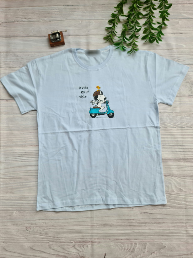 تیشرت زنانه طرح Snoopy جنس پنبه سوپر گرم بالا فری سایز سایز ۳۶ تا ۴۶ آبی کم رنگ