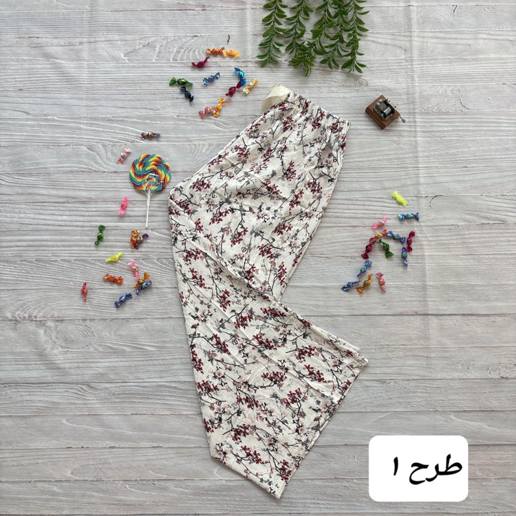 شلوار بگ زنانه گلدار پفکی جنس نخی موسلین وارداتی | کمرکش فری سایز 36 تا 46 | خنک و راحت تابستانی