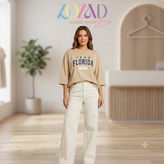 تیشرت زنانه لش باکسی FLORIDA چاپ پفکی فری سایز، جنس پنبه سوپر درجه یک – مناسب سایز ۴۲ تا ۵۶
