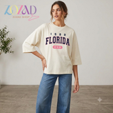 تیشرت زنانه لش باکسی FLORIDA چاپ پفکی فری سایز، جنس پنبه سوپر درجه یک – مناسب سایز ۴۲ تا ۵۶